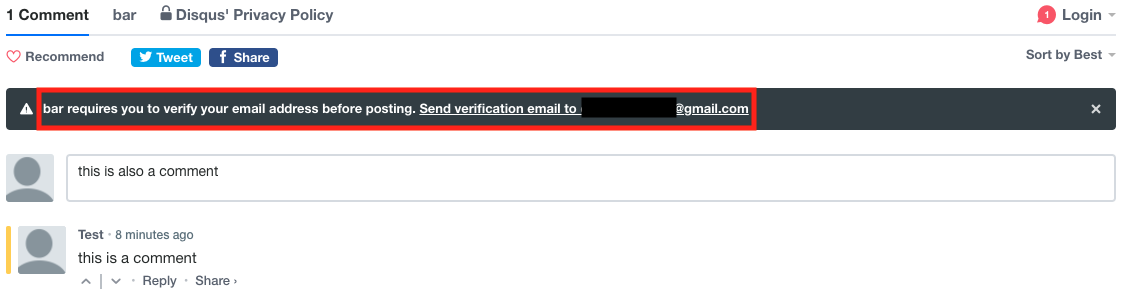 Red box highlighting the verification email bar